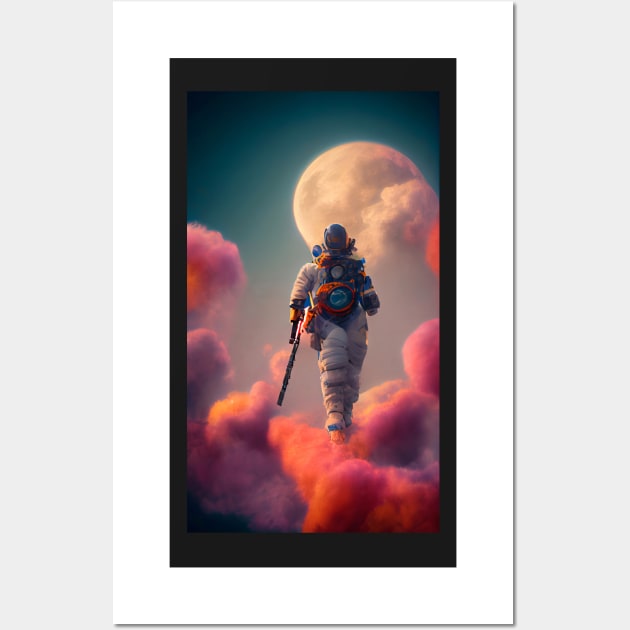 Astronaut standing on colorful clouds in space Wall Art by MoEsam95